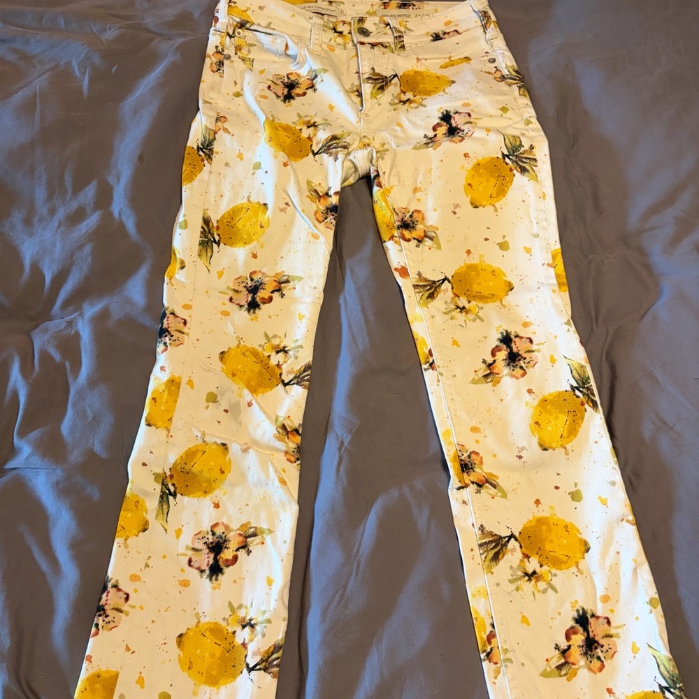 Pilcro and the Letterpress Cream Wide-Leg Jeans with Yellow Floral Print